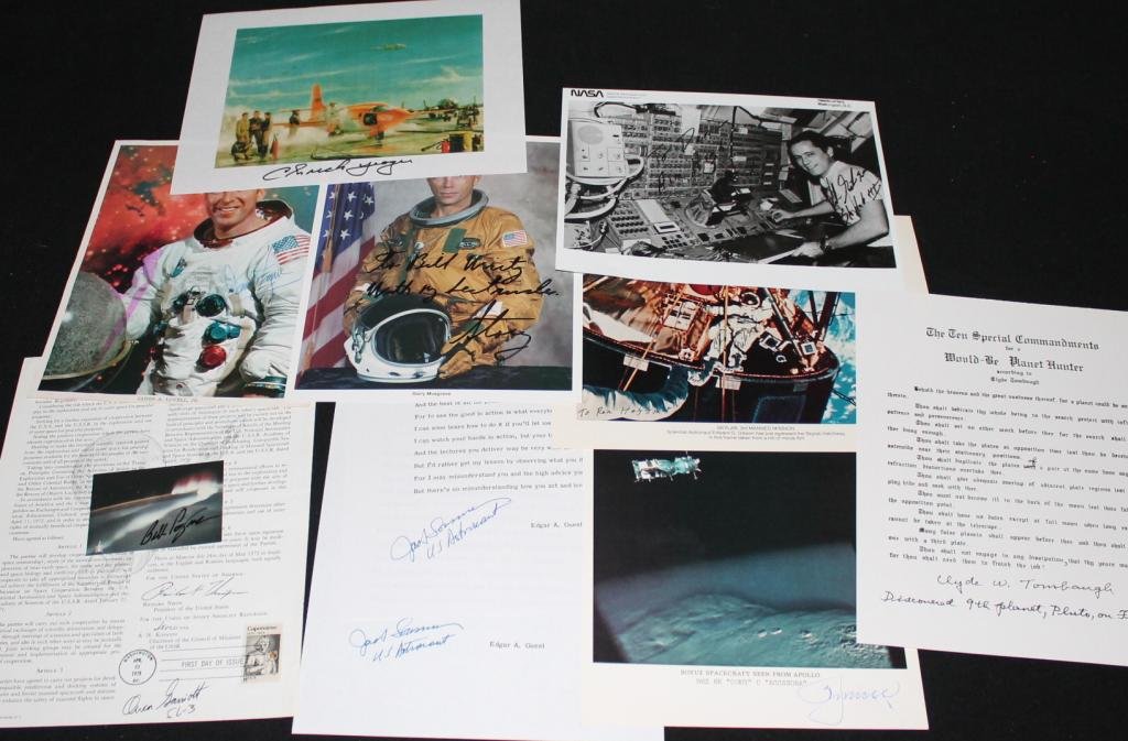 Nine Astronaut Signatures Plus Yeager & Tombaugh: Nine signatures on various items including Lovell (smuged with photo discoloration), Lousma (x2 on poem), Pogue (small card), Gibson(x2), Leonov (a bit smudged), Garriott (feathered), Musgrave (Story
