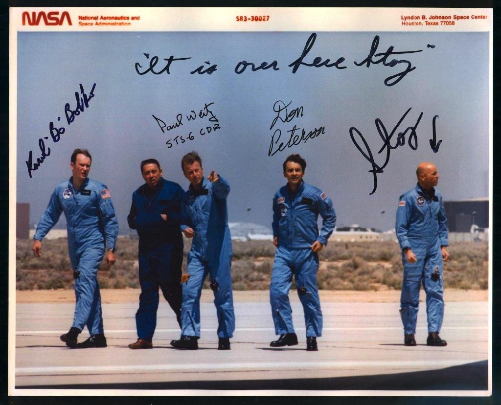 STS-6 Crew-Signed Glossy Photo: An 8"x 10" NASA color glossy photo of the STS-6, and signed by all 4 astronauts, including humorously by Musgrave. Excellent condition.