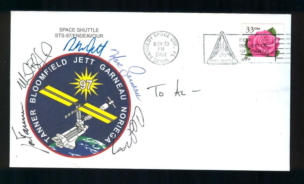 STS-97 Crew-Signed Cover: An STS-97 emblem cover postmarked 11-30-2000 (I suppose there was a launch scrub) and signed by all five astronauts. A minor bottom left corner ding, but otherwise great shape.