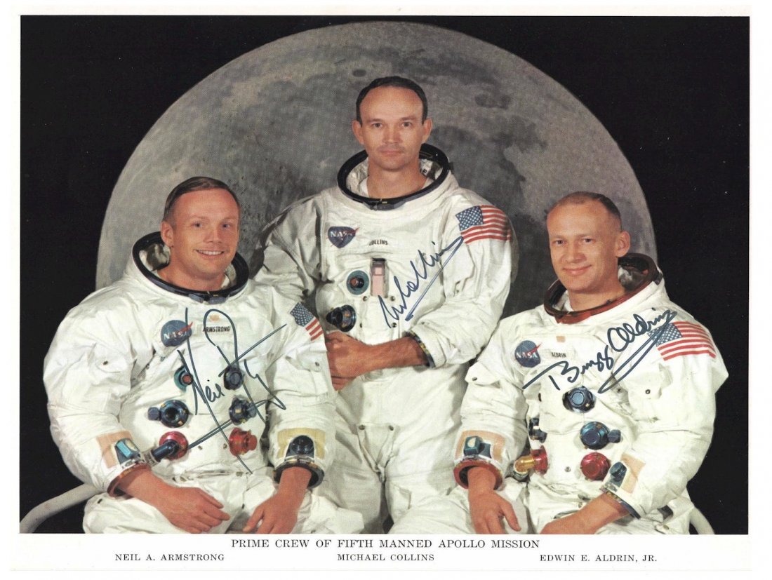 Apollo 11 Crew-Signed NASA Litho: An 8"x 10" NASA litho of the Apollo 11 crew signed by Armstrong, Aldrin and Collins. Exceptional condition with no discernable flaws.