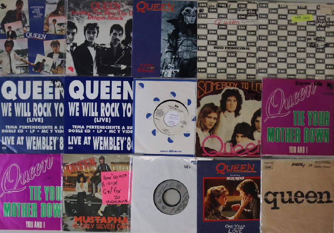 QUEEN - EU 7'': QUEEN - EU 7''. Superb collection of 37 x 7'' EU pressings fully loaded with scarce picture sleeves and promos! Titles include Another One Bites The Dust (Portugal p/s C 006-64060 - VG+/VG+ p/s and Sw