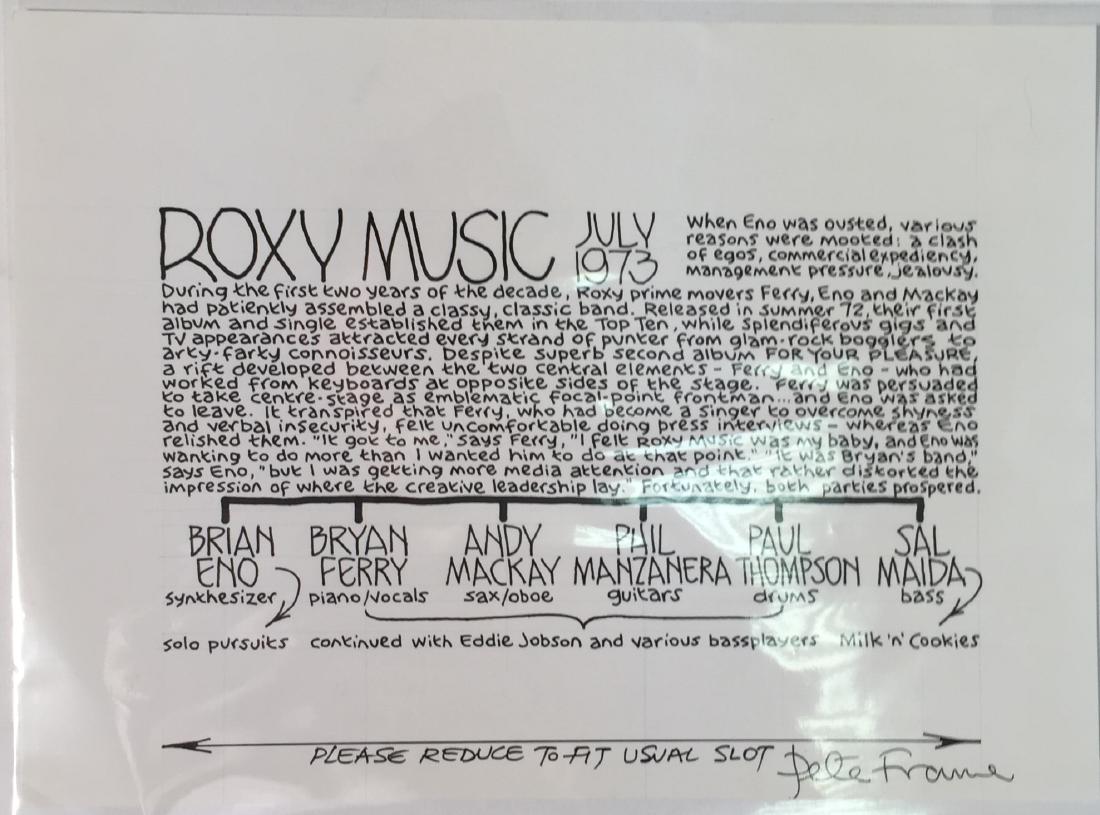 ROXY MUSIC & BRYAN FERRY PETE FRAME FAMILY TREE: ROXY MUSIC & BRYAN FERRY PETE FRAME FAMILY TREE - original handwritten and signed Roxy Music overview page created by Pete Frame to be used in his ''Rock Family Trees''. Measures 29'' x 21''.