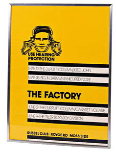 ORIGINAL THE FACTORY RUSSELL CLUB POSTER 1979: ORIGINAL THE FACTORY RUSSELL CLUB POSTER 1979. Framed, to measure approx 77 x 103cm."A beautiful Peter Saville Design and famously delivered late, just in time for the last gig. Four great concerts fr