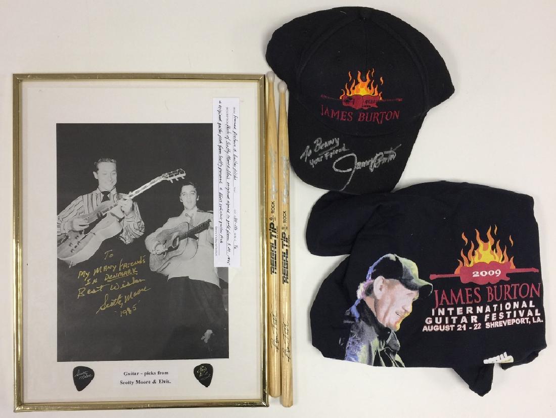 ROCK & ROLL MUSEUM DENMARK - ELVIS BAND MEMBERS: ROCK & ROLL MUSEUM DENMARK - ELVIS BAND MEMBERS AUTOGRAPHED. Four signed pieces of memorabilia to include: a James Burton branded cap signed in silver ink to peak 'To Benny your friend James Burton',