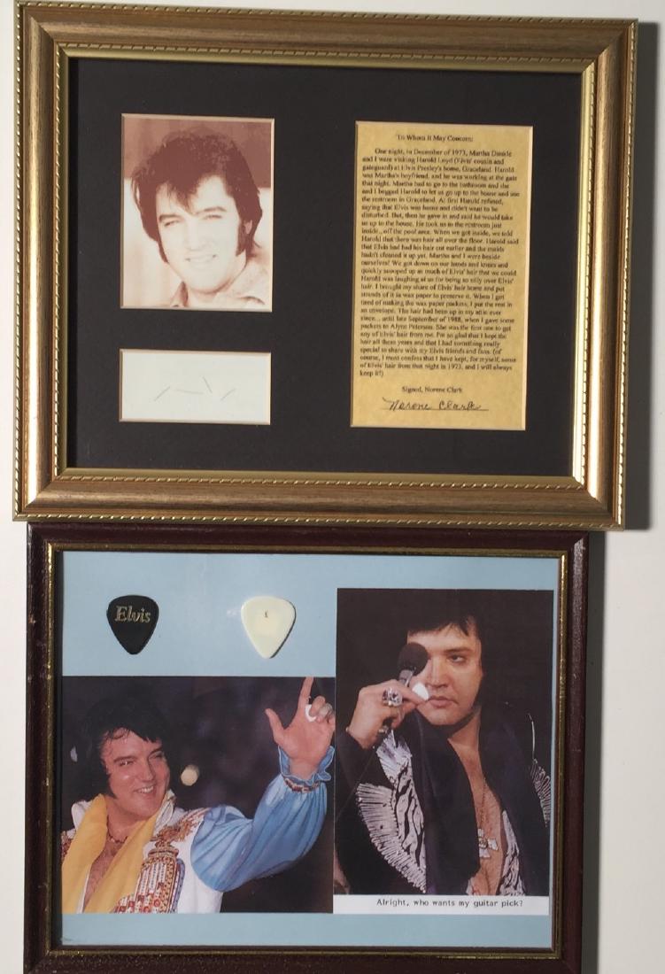 ROCK & ROLL MUSEUM DENMARK - ELVIS HAIR/GUITAR PICK: ROCK & ROLL MUSEUM DENMARK - ELVIS HAIR/GUITAR PICK. Two framed and mounted displays to include: display to include two guitar picks, one white pick believed to be original and used by Elvis and one l
