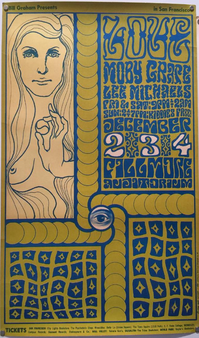 SAN FRANCISCO/FAMILY DOG POSTERS: SAN FRANCISCO/FAMILY DOG POSTERS. Two classic poster designs to include: a likely second print poster for a Love, Moby Grape performance at the Fillmore in California (14 x 23") and an advertising pos