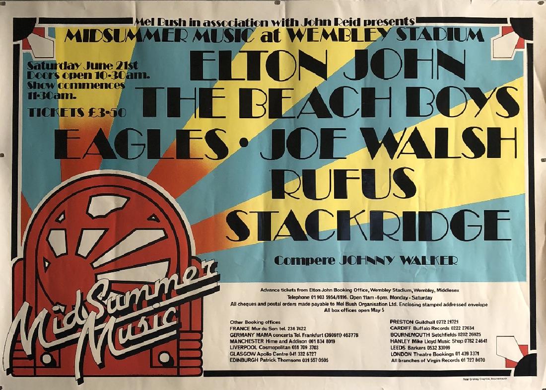 ELTON JOHN/WEMBLEY POSTERS: ELTON JOHN/WEMBLEY POSTERS. Fourteen posters to include Midsummer Music At Wembley featuring artists such Elton John, Beach Boys and Eagles (VF condition, some creasing, 25x35"), Midsummer Music 1975 