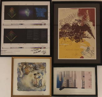 ASSORTED FRAMED ARTWORK: ASSORTED FRAMED ARTWORK. Four framed displays to include a limited edition Ultravox Quartet print, signed and numbered in the bottom right corner by Peter Saville (to measure 14.5x10, no. 282/400) a T