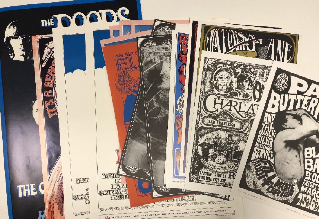 ASSORTED 1960s POSTERS: ASSORTED 1960s POSTERS. A collection of 22 x 1960s reprints with artists/titles to include The Grateful Dead, Joan Baez, The Doors, Jefferson Airplane, New Orleans Pop Festival, Quicksilver Messenger 
