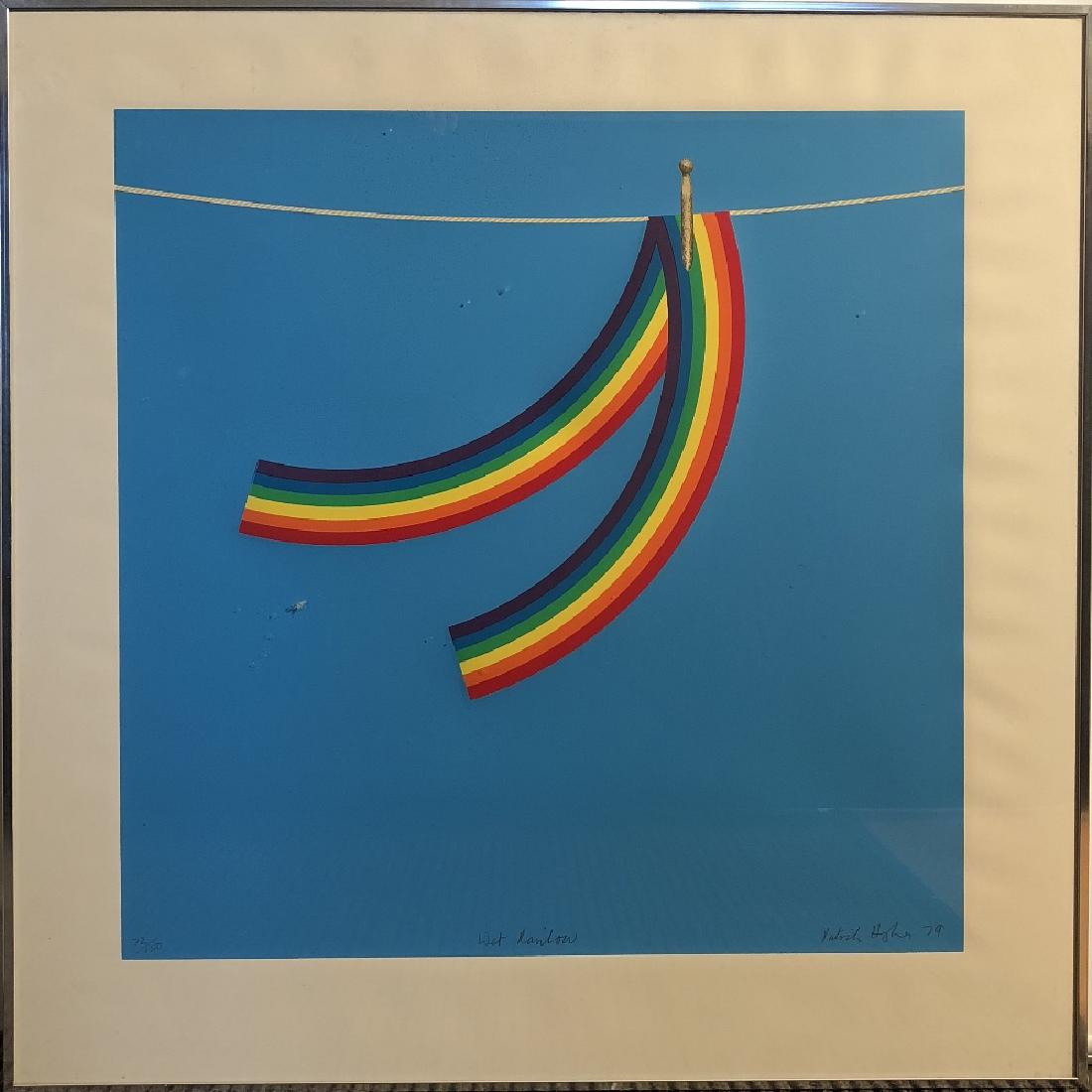 RAINBOW THEATRE RELAUNCH LITHOGRAPH: RAINBOW THEATRE RELAUNCH LITHOGRAPH. A mounted and framed, signed and numbered limited edition artwork print of a piece by Patrick Hughes titled 'Wet Rainbow', created in 1979 for the relaunch of the