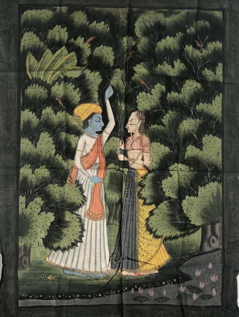 GEORGE HARRISON OWNED RAJASTHANI PAINTING ON CLOTH.: GEORGE HARRISON OWNED RAJASTHANI PAINTING ON CLOTH. Hand painted image of Radha and Krishna on cloth measuring 25" x 34". This was the property of