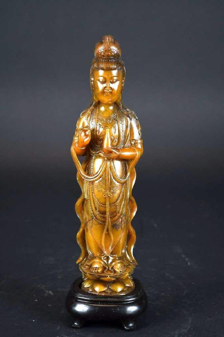 Chinese Soapstone Guan Yin On Wood Stand: Chinese Soapstone Guan Yin on Wood Stand