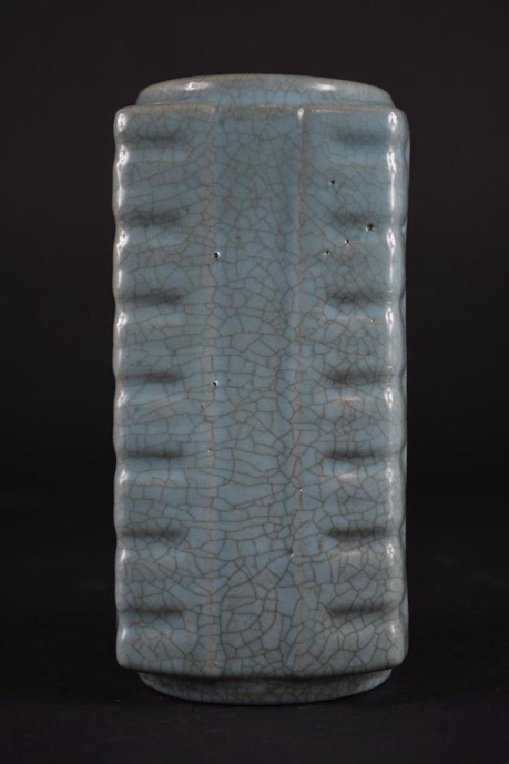 Chinese Square Pale Blue Crackle Glaze Vase: Chinese Square Pale Blue Crackle Glaze Vase; Height: 7.75 inches