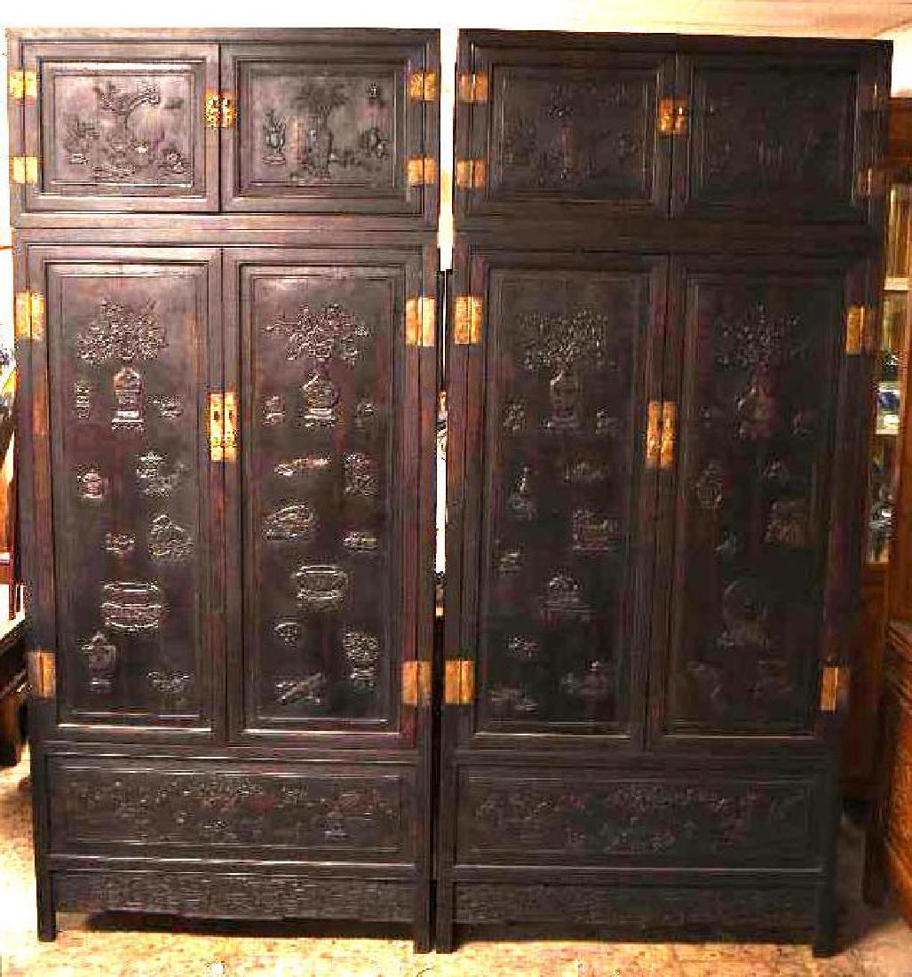 Pair of Chinese Hardwood/ Zitan Hand Carved Cabinets: Pair of Chinese Hardwood/ Zitan Hand Carved Cabinets, Size: 89 x 39 x 16 Inches