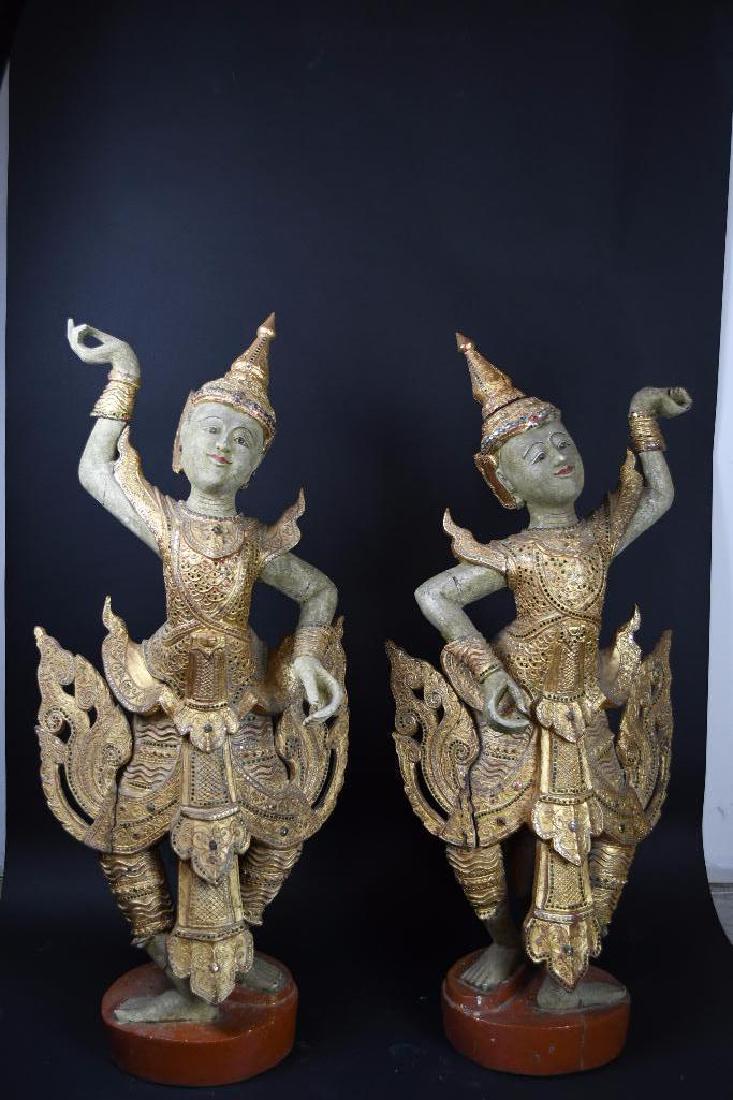 Pair of Poly-chrome Carved Wood  Standing Buddhas (1 of 10)