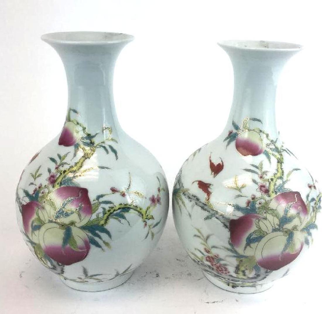 Pair of Chinese Peach Bloom Bottle Shape Vases (1 of 5)