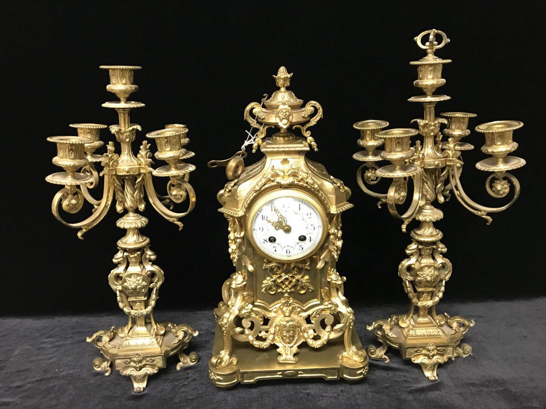 Antique 19th C. Gilt Bronze French Mantel Clock Set (1 of 10)