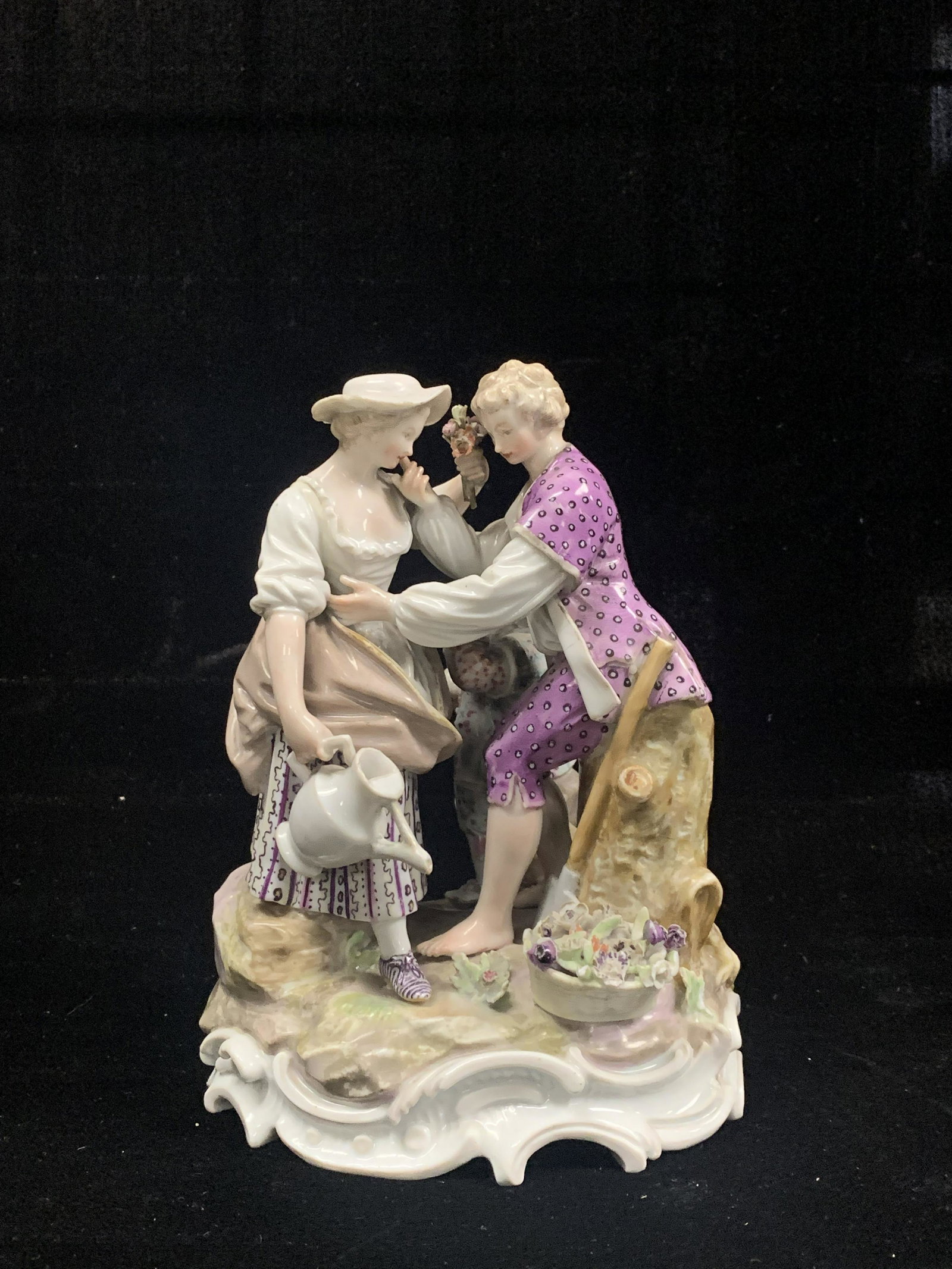 Antique Meissen Porcelain Group of Two Women in Purple: Antique Meissen porcelain group of two women in purple clothing gardening.
