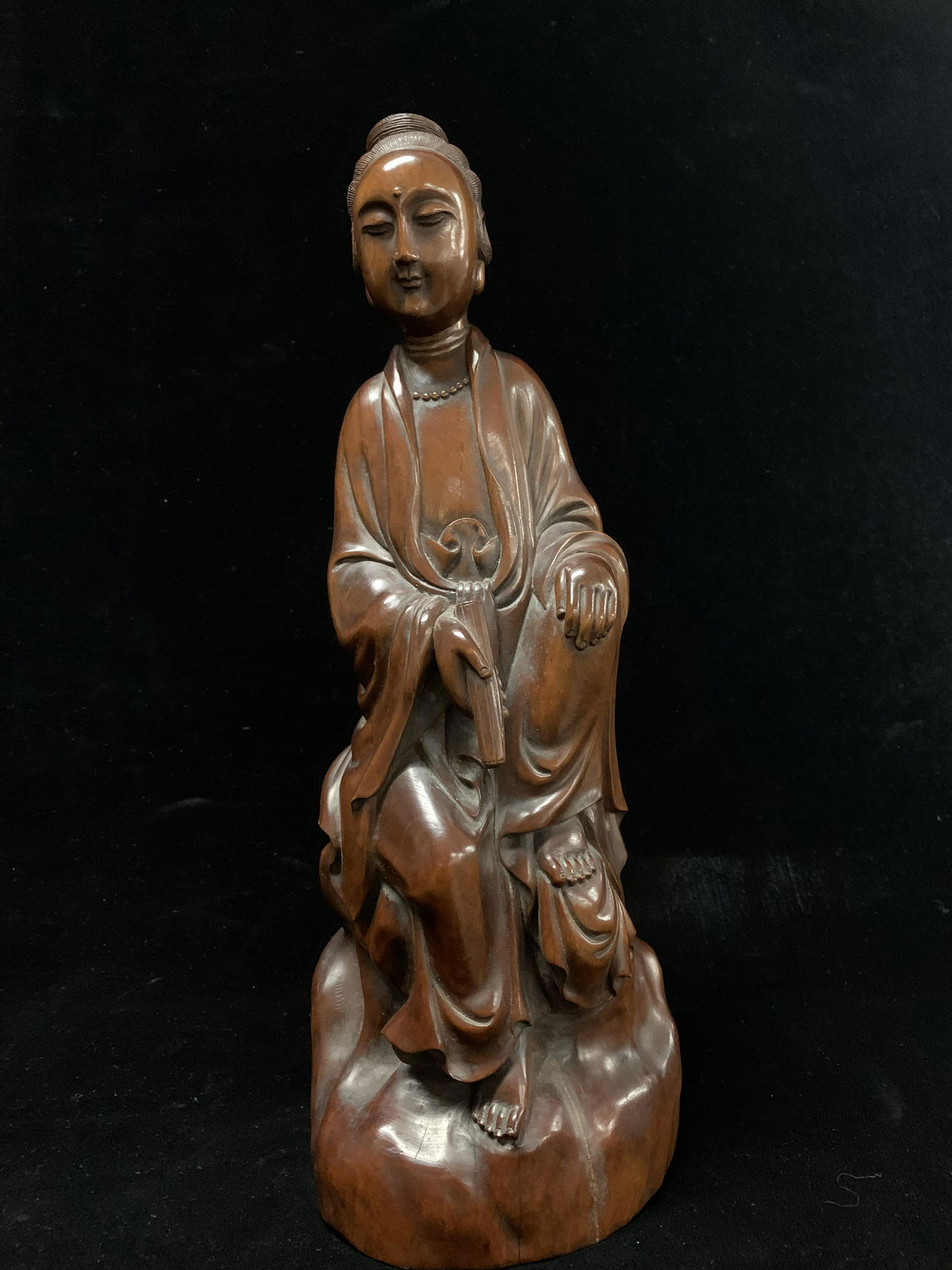 Chinese HardWood Guan Yin Sitting on Rock Sculpture (1 of 6)