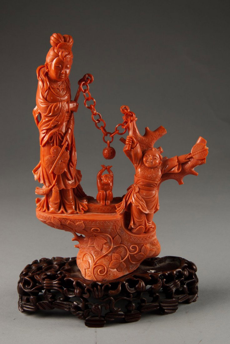 Coral Statue: A Chinese Carved Coral Statue of a Lady & a Boy with animal, W.7.5", H.11"