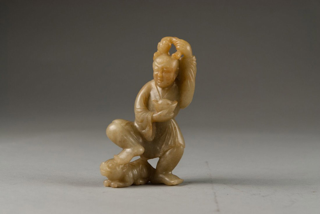 Antique Carved Jade of a Boy & Foo Dog: Antique Carved Jade of a Boy & Foo Dog, L.4.5", W.2.5"