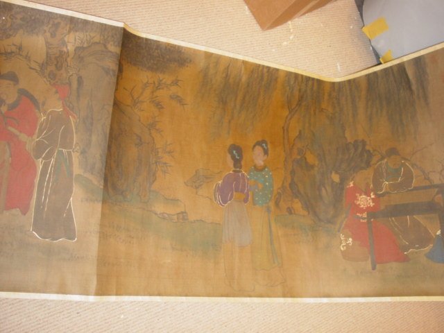 Scroll Painting by; La Ying: Painting depicts a court yard scene with Noble Man a Ladies Size: long 30+ feet, width 28 inches