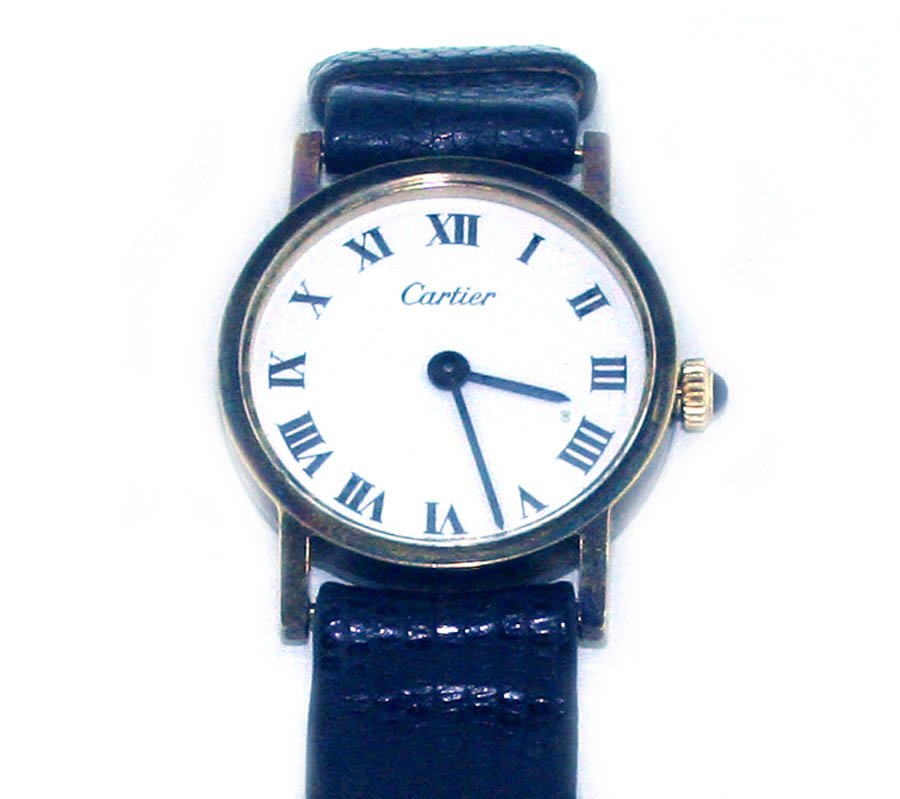 Lady Cartier Round Face Silver Gold Plated Case: Lady Cartier Round Face Silver Gold Plated Case White Face Roman Numeral Hour Marker in Black Leather Band Pre Owned