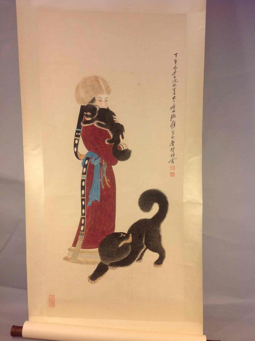 Chinese Scroll Painting of Lady, Monkey & Panther: Chinese Scroll Painting of Lady, Monkey & Panther; ALL GOODS SOLD AS IS. ALL SIZES ARE APPROXIMATE. ALL SALES ARE FINAL. THE LOTS ARE TO BE TAKEN AWAY AND PAID FOR WETHER GENUINE AUTHENTIC OR NOT, WIT