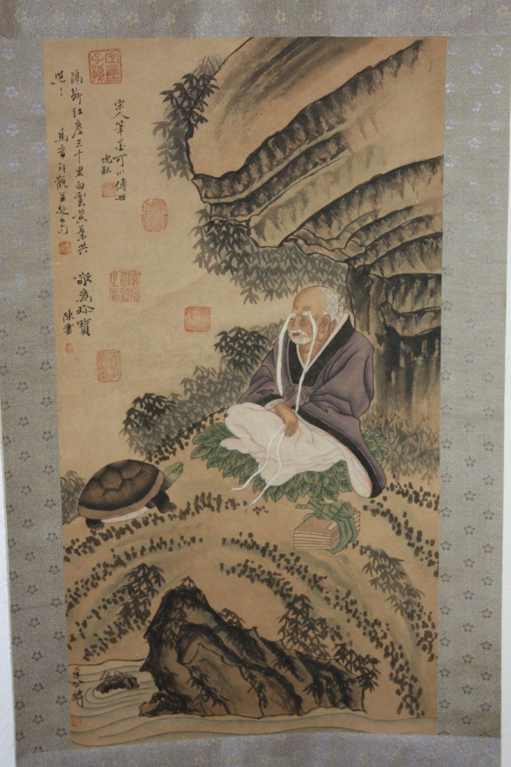 Chinese Scroll Painting of Old Man Lohan & Turtle: Chinese Scroll Painting of Old Man/ Lohan & Turtle, it measures 18 x 32 Inches; ALL GOODS SOLD AS IS. ALL SIZES ARE APPROXIMATE. ALL SALES ARE FINAL. THE LOTS ARE TO BE TAKEN AWAY AND PAID FOR WETHER
