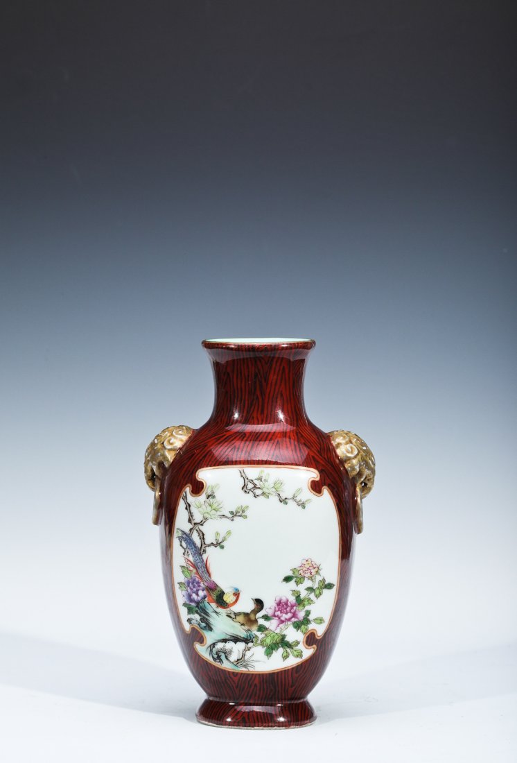 Two Chinese Porcelain Vases: Two Chinese Porcelain Vases; One Famille Rose Brown Ground with Panels of Paintings of Birds, One Small Teadust Glaze Censer. Height 7 1/2 inches (Taller)PLEASE NOTE THERE IS NO RESERVE ON THIS ITEM!
