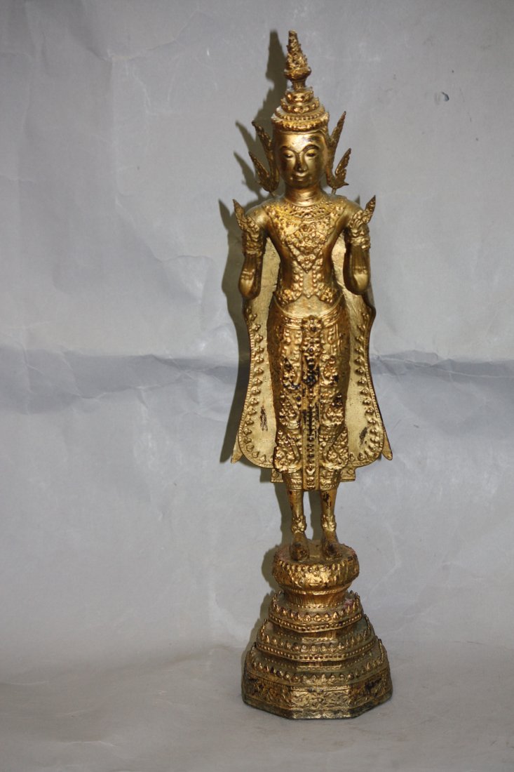 Antique Standing Gold Gilt Bronze Thai Buddha: Antique Standing Gold Gilt Bronze Thai Buddha