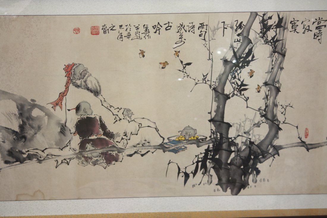 Larger Chinese Painting of Bamboo and Old Man: Larger Chinese Painting of Bamboo and Old Man, Measures 35 inches by 55 inches