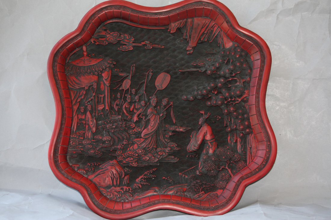 Chinese Cinnabar Tray: Chinese Cinnabar Tray, Measures 14 Inches Tall