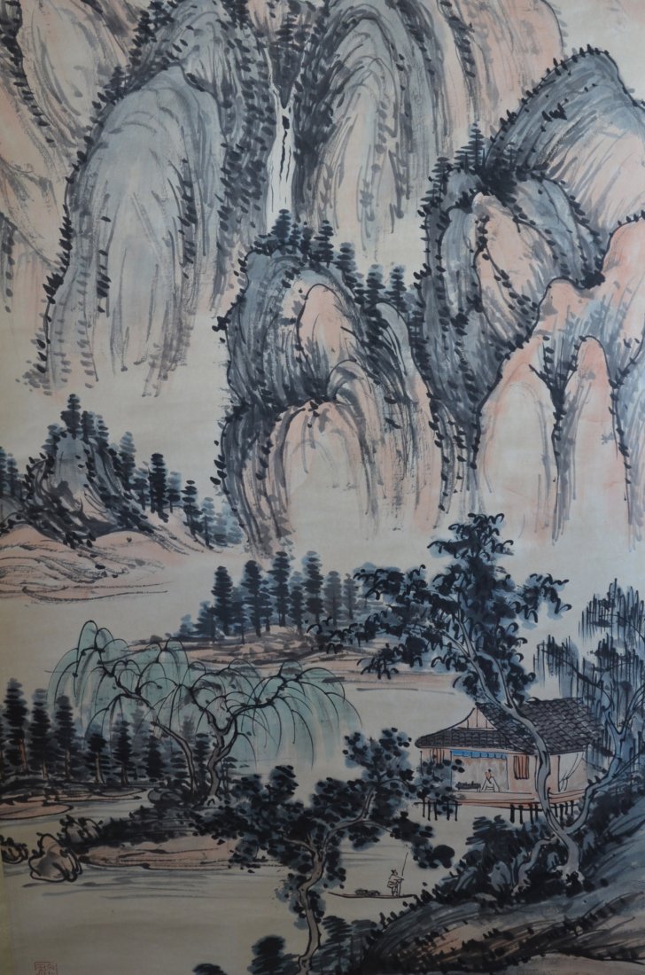 Chinese Scroll Painting of Mountain and a Horse: Chinese Scroll Painting of Mountain and a Horse with Trees and a Man sitting in the Window. Measures 25 inches by 52 inches