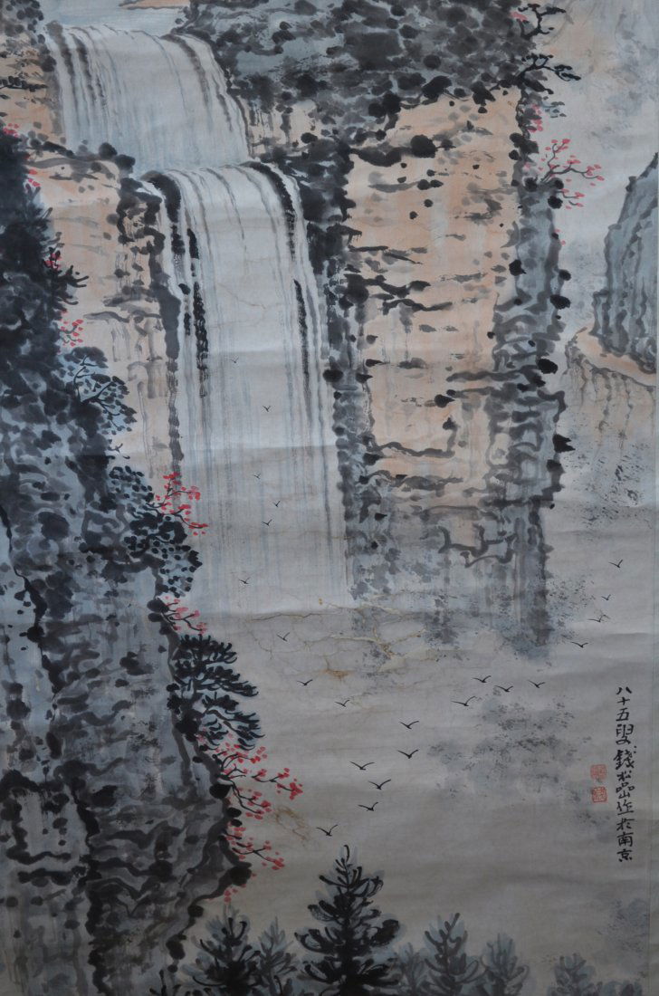 Chinese Scroll Painting Mountain Landscape & House: Chinese Scroll Painting Waterfall & Mountain Landscape with Mountain Top Houses. Condition issues in the middle of the picture (last photo) Measures 26 inches by 52 inches.