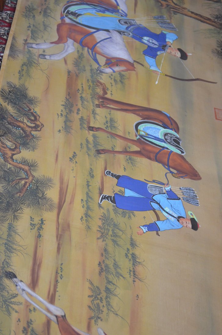 Chinese Scroll Painting Emperor Hunting on Horse: A Large and Impressive Chinese Scroll Painting of the Emperor in Blue Hunting Deer in a Forest Landscape from the back of his Horse with Bow and Arrow in various positions and poses. Measures 26 inche