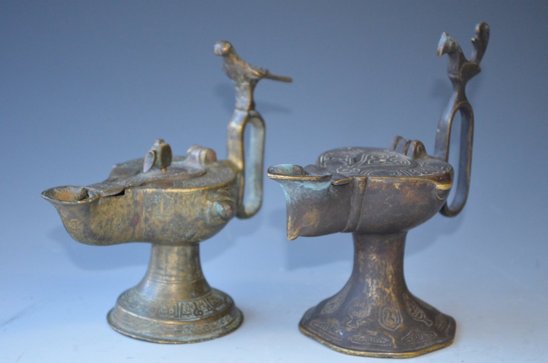 Pair of Antique Bronze Islamic Oil Lamps: Pair of Antique Bronze Islamic Oil Lamps H: 5.5 Inches