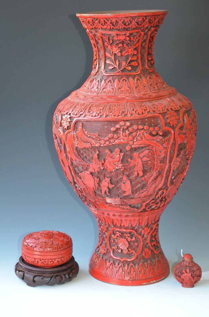Chinese Cinnabar Box, Snuff Bottle And a Large Red: Chinese Cinnabar Box, a Snuff Bottle, And a Large Red Vase H: 17 Inches (large Vase)