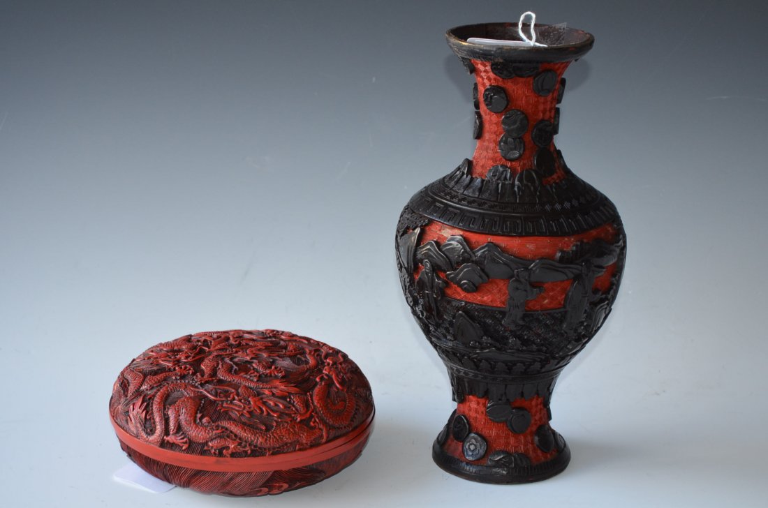Two Various Cinnabar Dishes; Vase & Covered Dish: Two Various Cinnabar Dishes; One Black & Red Vase & One Covered Dish H: 11 inches