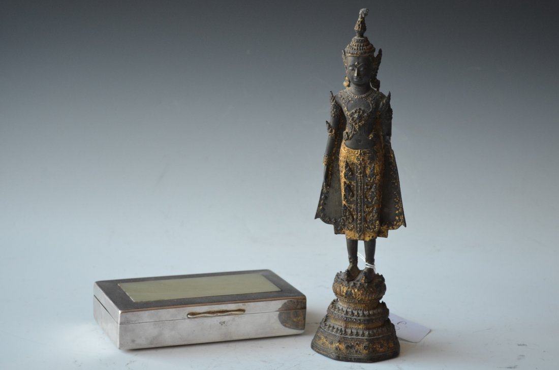 Antique Thai Bronze Standing Buddha with Box: Antique Thai Bronze Standing Buddha with a Silver Plated Box. (Bronze) H: 11 inches