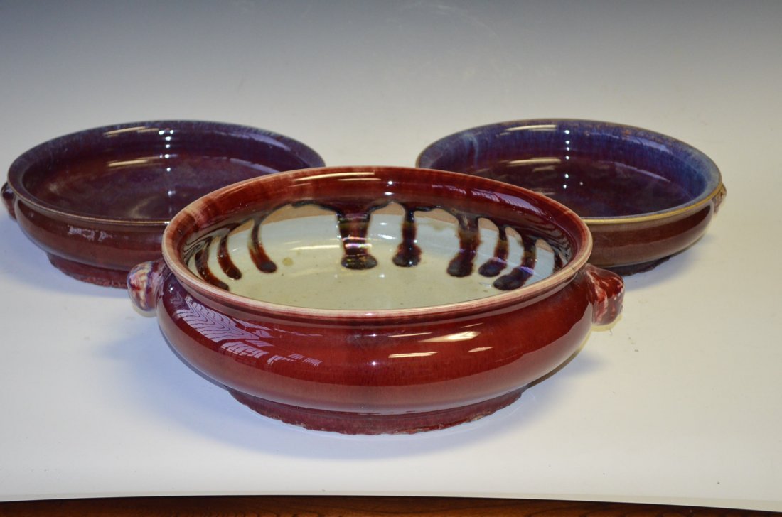 Three Chinese Ox Blood Porcelain Dishes: Three Chinese Ox Blood Porcelain Dishes of Very Rich Dark Red/Purple Glazed Porcelain. D:14 Inches(larger)