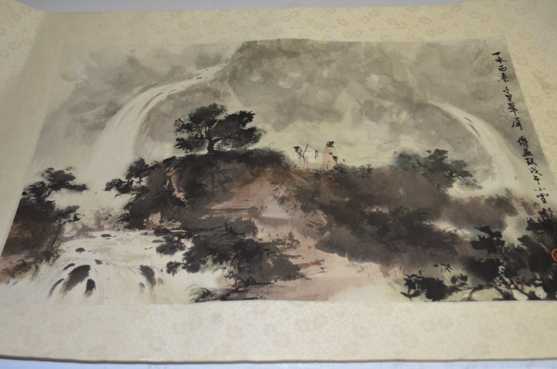 Chinese Painting Signed Fu Yi Yao: Chinese Painting Signed Fu Yi Yao (Fa Bao Shi Daughter) depicting A Rustic Landscape with Two Waterfalls. Size 13 Inches by 17 Inches.