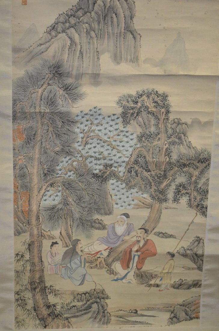 Chinese Scroll Painting of Mountain Landscape: Chinese Scroll Painting of A Dignitary of Men in A Mountain Landscape. Size: 51 1/2 Inches by 26 Inches.