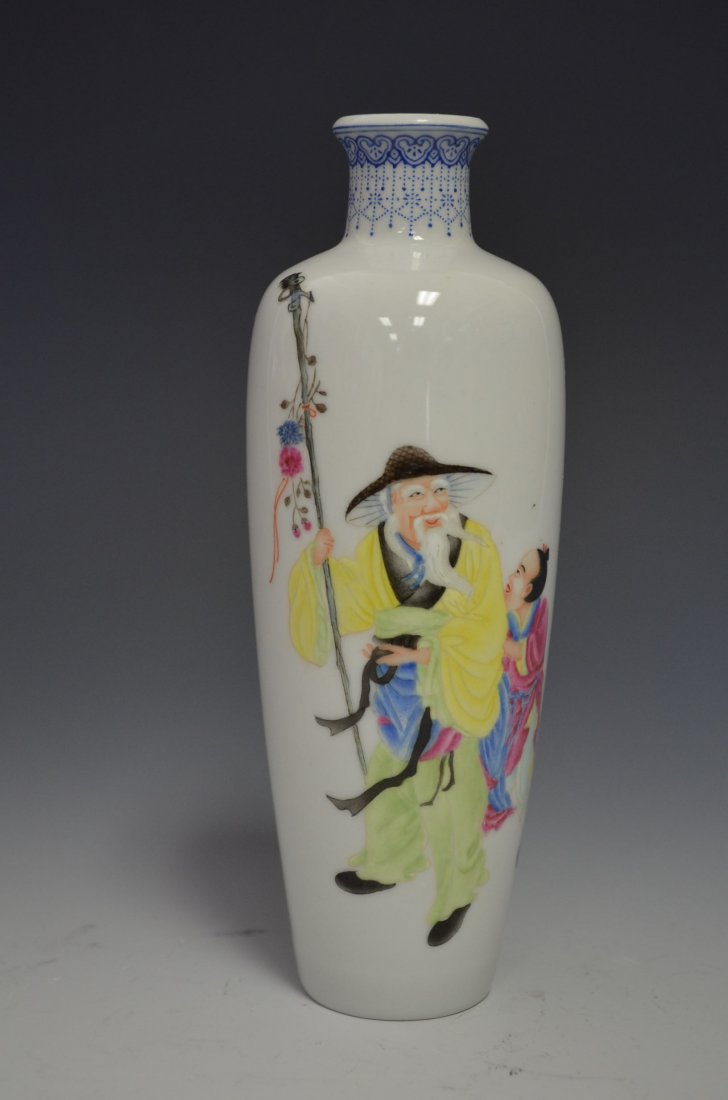 Chinese Famille Rose Bottle Vase with Lohan Pro: Chinese Famille Rose Bottle Vase with Lohan Protector: Charmingly Enamel Painted with a Lohan and Protector and a flying crane. H: 7 Inches