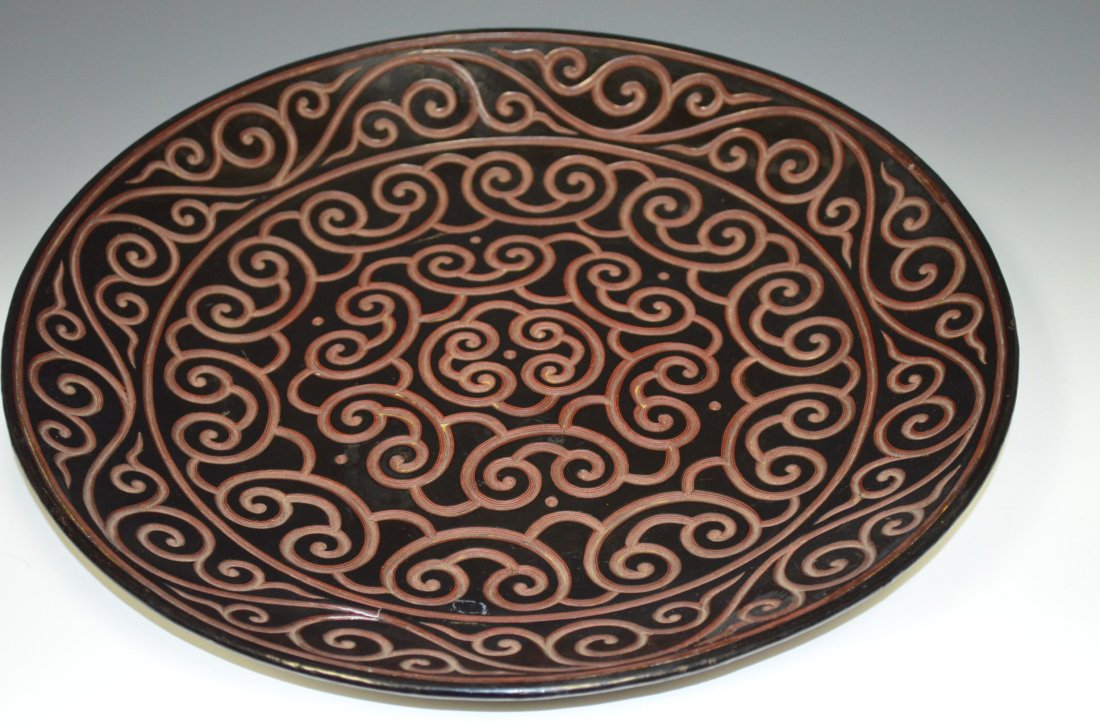 Chinese Carved Cinnabar Plate: Chinese Carved Cinnabar Plate D: 15.5 inches