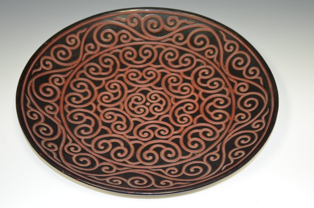 Chinese Carved Cinnabar Plate: Chinese Carved Cinnabar Plate D: 12 Inches