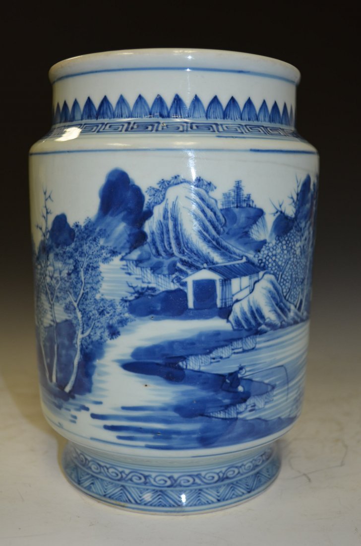 Chinese Blue & White Glazed Cylindrical Porcelain Vase: Chinese Blue & White Glazed Cylindrical Porcelain Vase the Exterior underglaze Blue the painting depicts a continuous band of Chinese Mountain and Ocean Landscape with some Horses and a Boat. H: 8 1/2