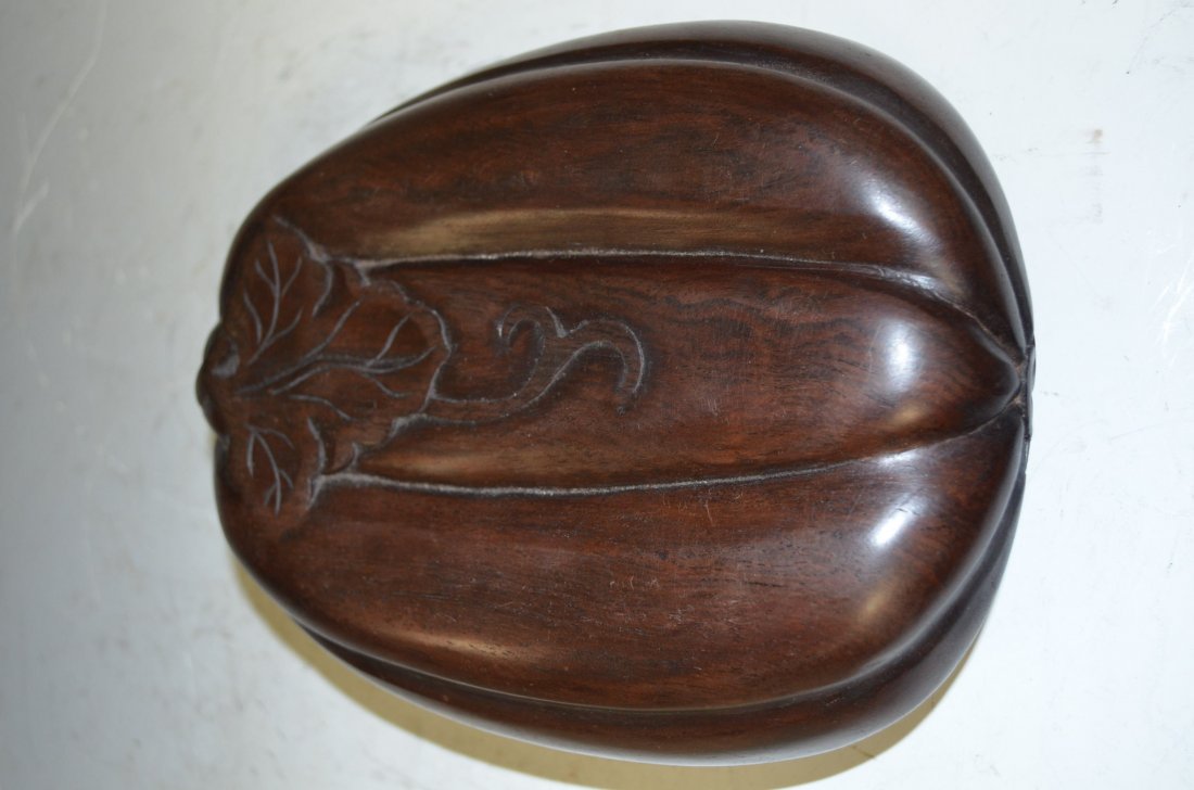 Chinese Inkstone in Gourd Shaped Hardwood Box: Chinese Inkstone and matching fitted Hardwood Box in the Shape of a Gourd with Inscription, Size: 7 Inches by 6 Inches by 2 Inches