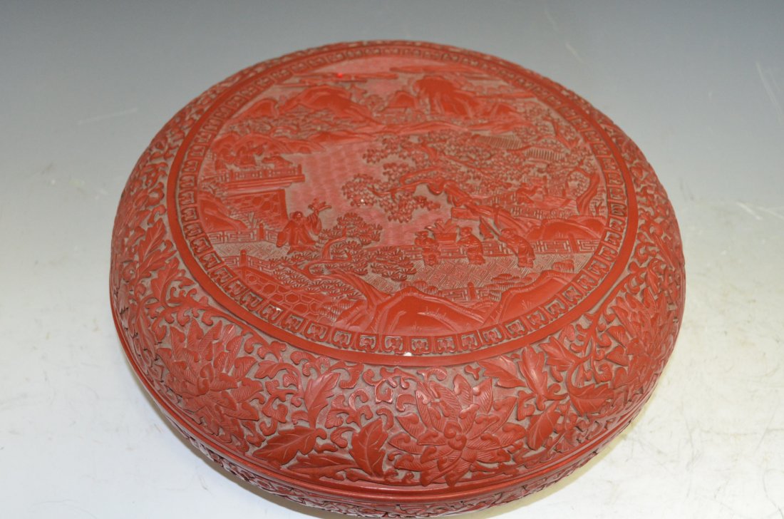 Chinese Carved Round Cinnabar Box: Chinese Carved Round Cinnabar Box. D: 12 Inches
