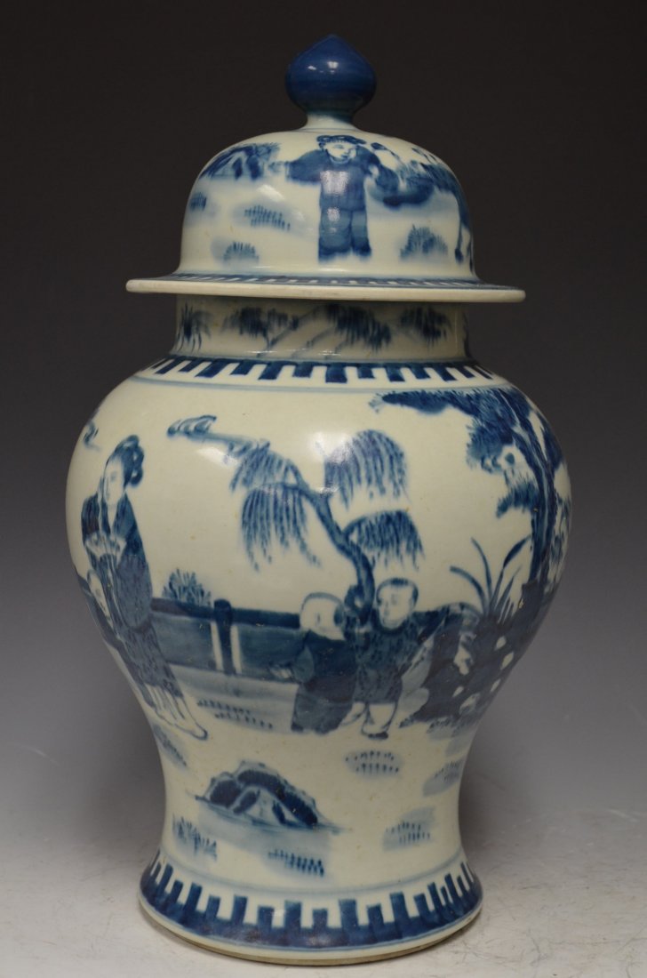 Large Chinese Blue & White Glazed Lidded Ginger Jar: Large Chinese Blue & White Glazed Lidded Ginger Jar with underglaze Blue depicting a Peacock in a Chinese Garden Landscape. H: 20 1/2 Inches